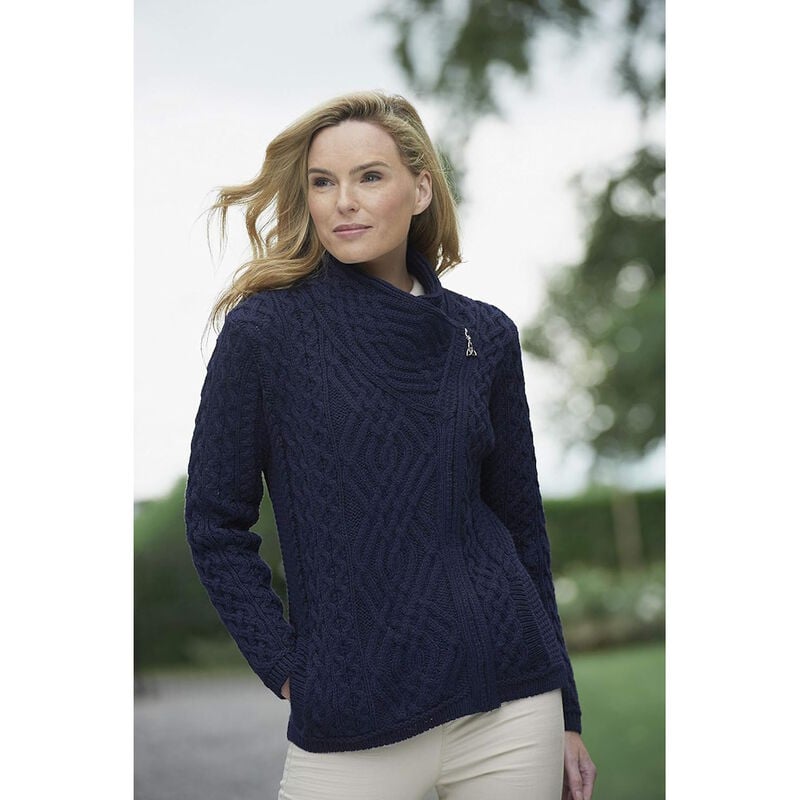 100% Merino Wool Cable Knit Cardigan With Side Zip  Navy Colour